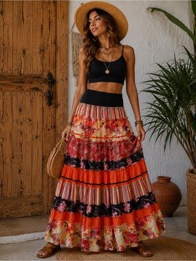 Tantrums Collection Boho Patchwork  Maxi Skirt M Lined India